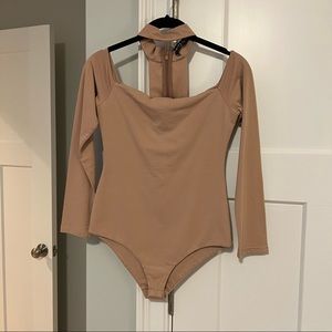 Nude bodysuit with neck detail and zipper up back